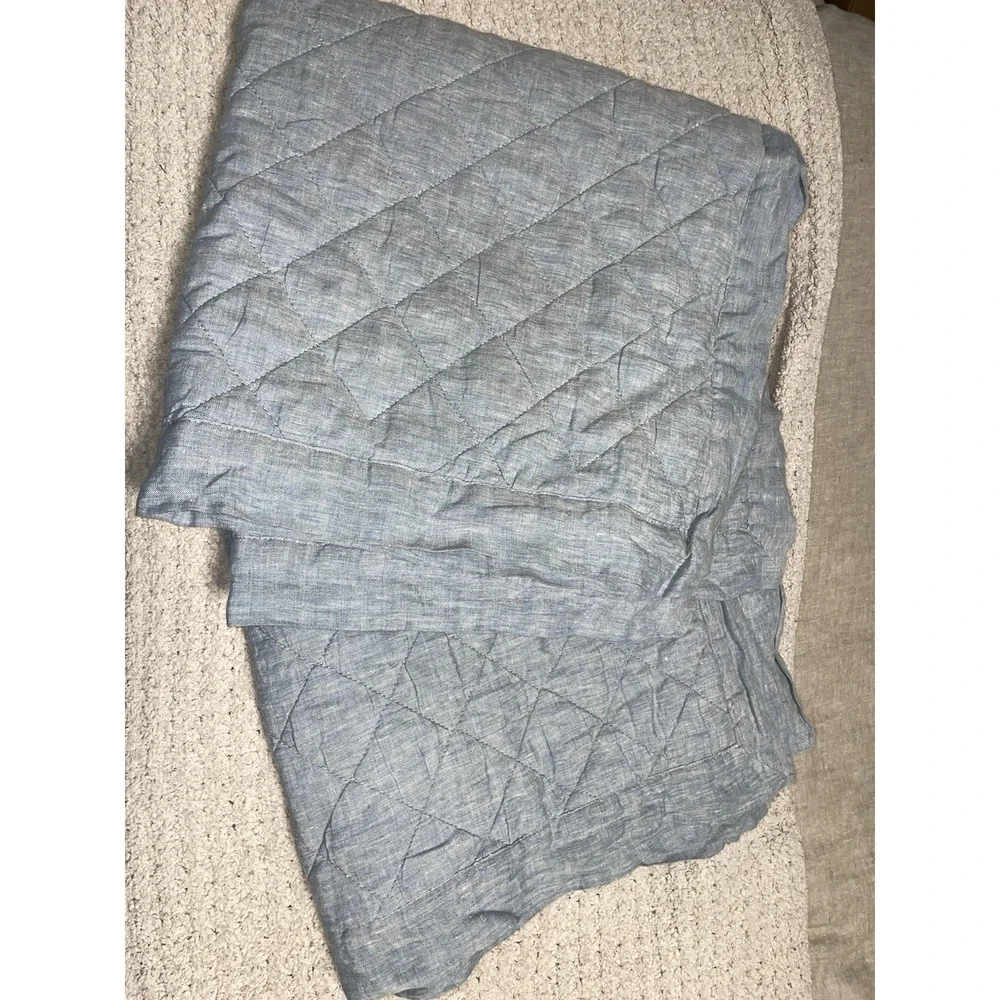Pottery Barn Belgian Flax Linen Diamond Quilt Chambray Blue F/Q & 2 Euro Shams